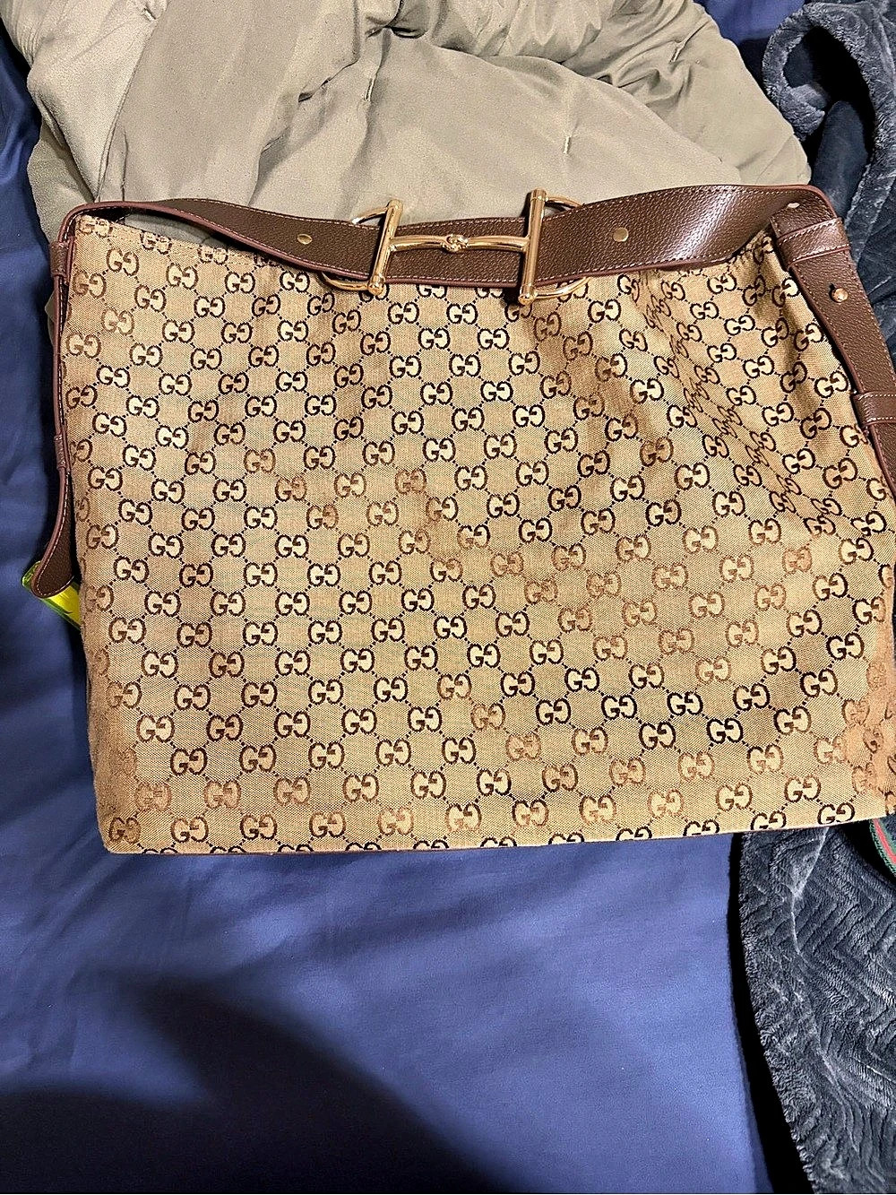 Gucci Monogram Large Horsebit Hobo Tote in Brown & Beige